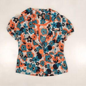 Vintage Y2K Forever 21 Single Button Blouse Size Petite Small Blue Orange Floral